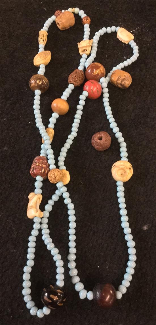 Japanese glass & carved bone bead necklace and 3 loose nut carvings(-)